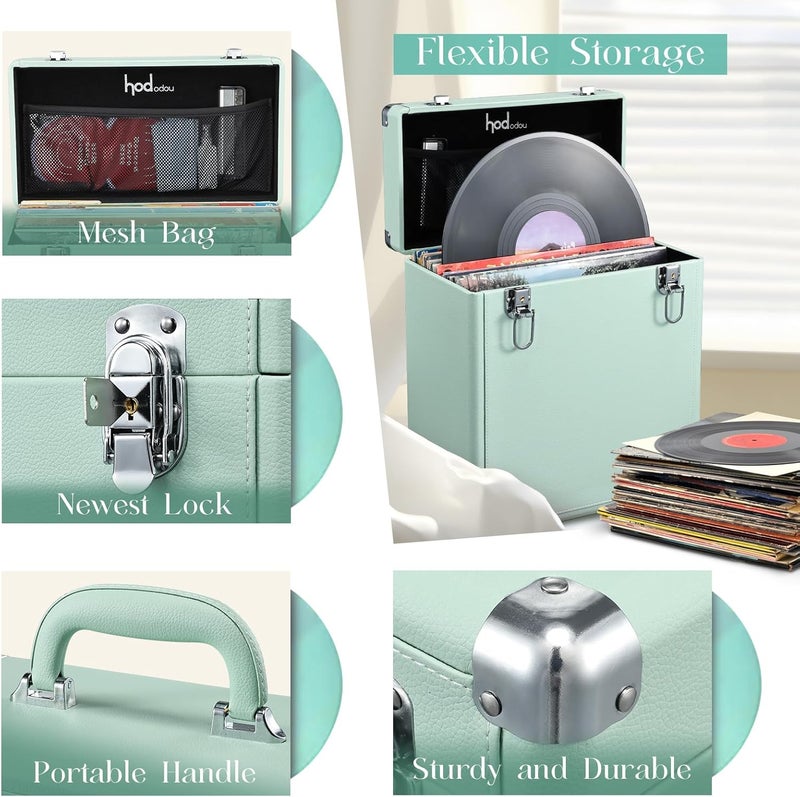 Hododou Vinyl Record Storage Box with Lock Record Organizer Storage for 30+ Single Records 12-inch Water Resistant Collapsible Storage Crate with Lid Handle Mesh Pouch for Valuable Album Collection - Image 2
